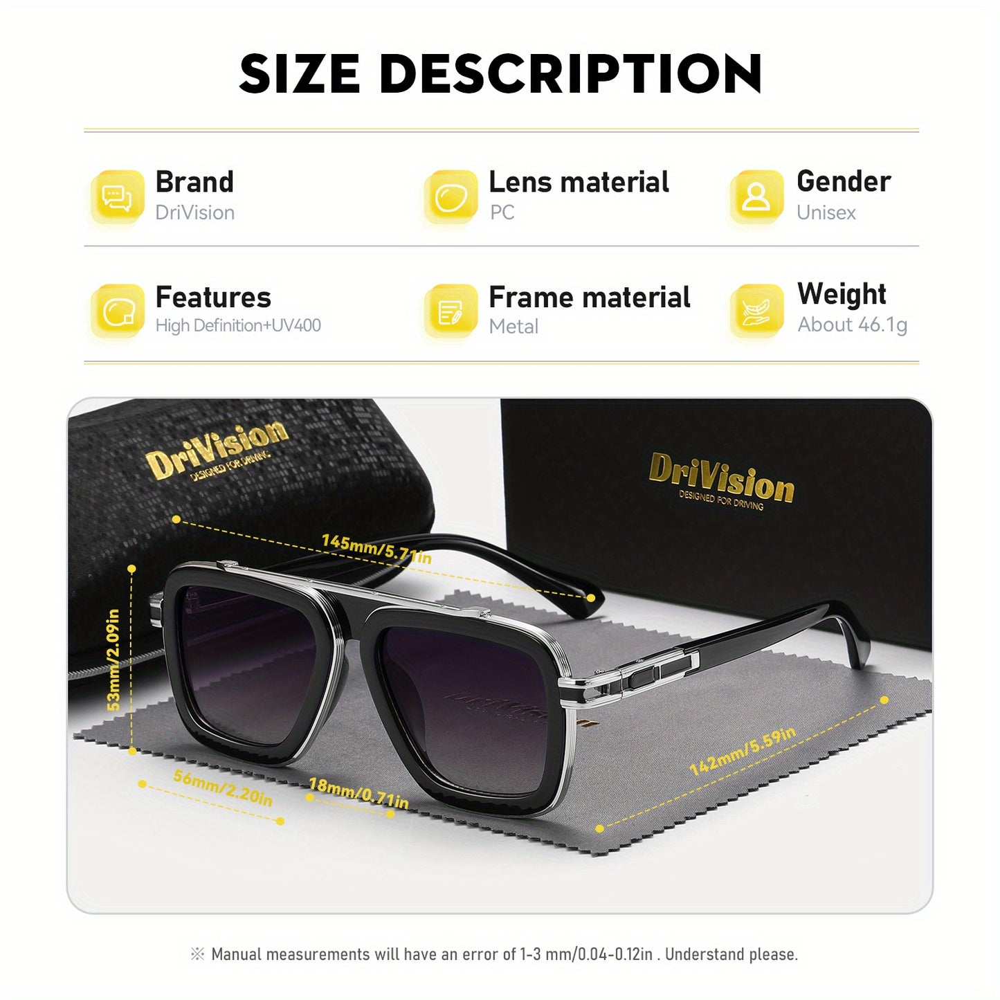 Drivision Unisex Retro Square Punk Style Fashion Glasses Protection Black & Rose Golden Frame with Case & Microfiber Cloth for Outdoor Parties, Casual Wear, Party Accessories, Punk Aesthetic, Highquality Lenses, Trendy Eyewea