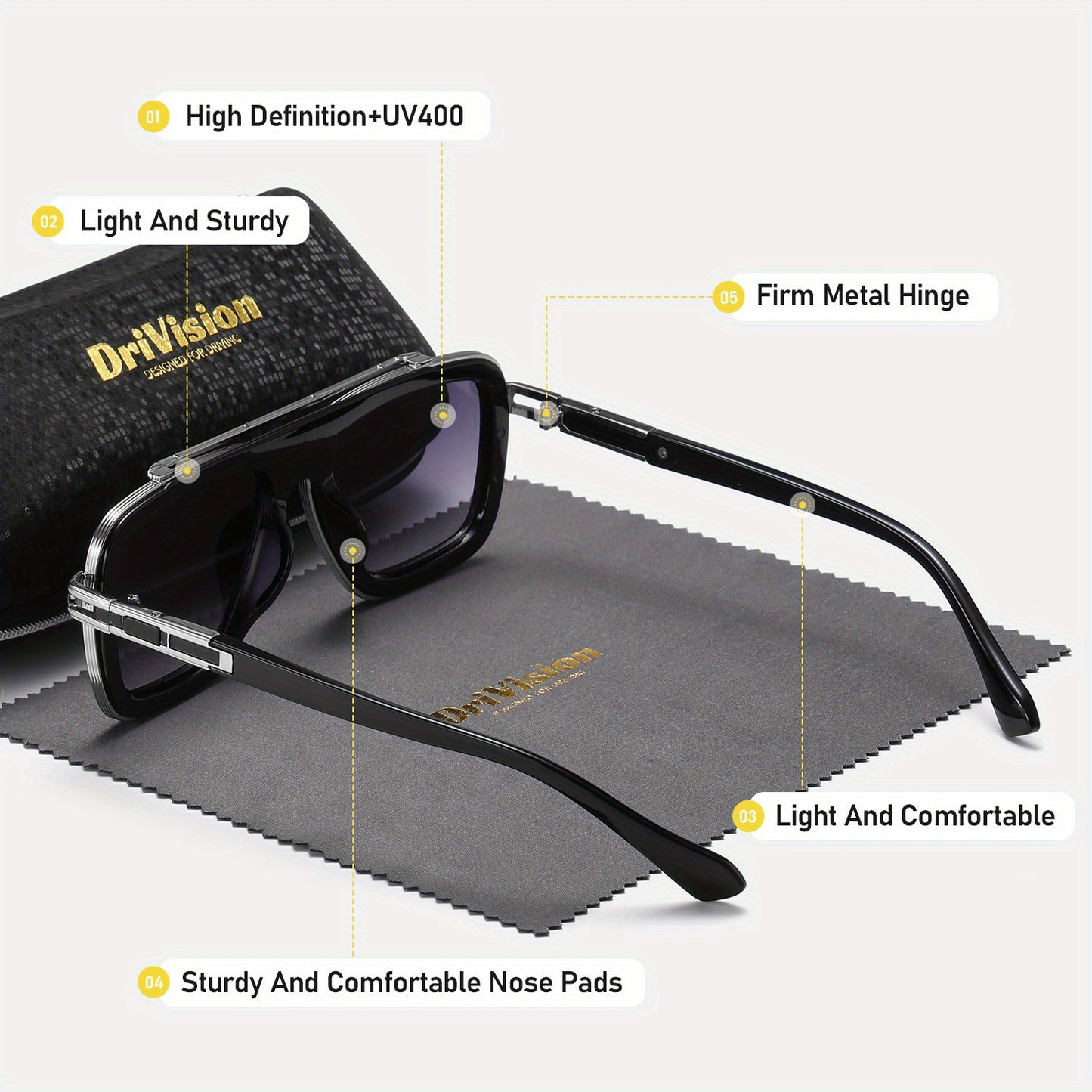 Drivision Unisex Retro Square Punk Style Fashion Glasses Protection Black & Rose Golden Frame with Case & Microfiber Cloth for Outdoor Parties, Casual Wear, Party Accessories, Punk Aesthetic, Highquality Lenses, Trendy Eyewea