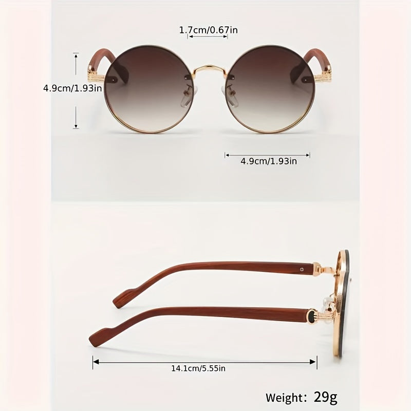 Elegant Retro Steampunk Round Metal Frame Fashion Glasses with Wood Grain Temples - Fashionable Women's Outdoor Sports Eyewear, UV Protection, Mirror Lens