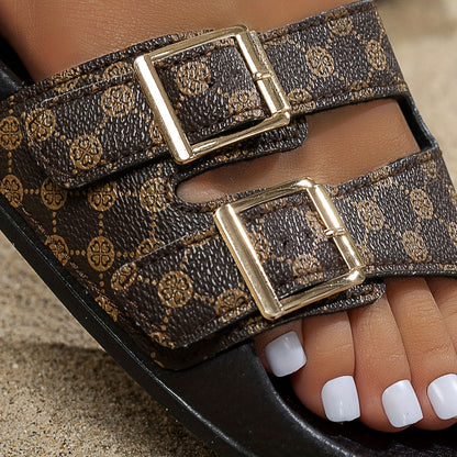 Women's Adjustable Straps Golden-Tone Buckle Black PU Cover Sandals - Breathable Indoor/Outdoor Casual Vacation Slippers with Cushioned Insole for All-Day Comfort, Sleek Sandal Design | Durable Summer Shoes, Strappy Sandals