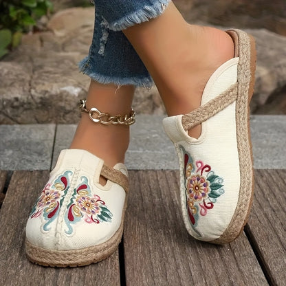 Women'S Ethnic Floral Embroidered Fabric Slides - Handmade Woven Espadrille Sole, Round Toe Slip-On Flat Heel Sandals for All Seasons, White with Colorful Flower Patterns, Casual Footwear | Floral Pattern Sandals | Woven Espa