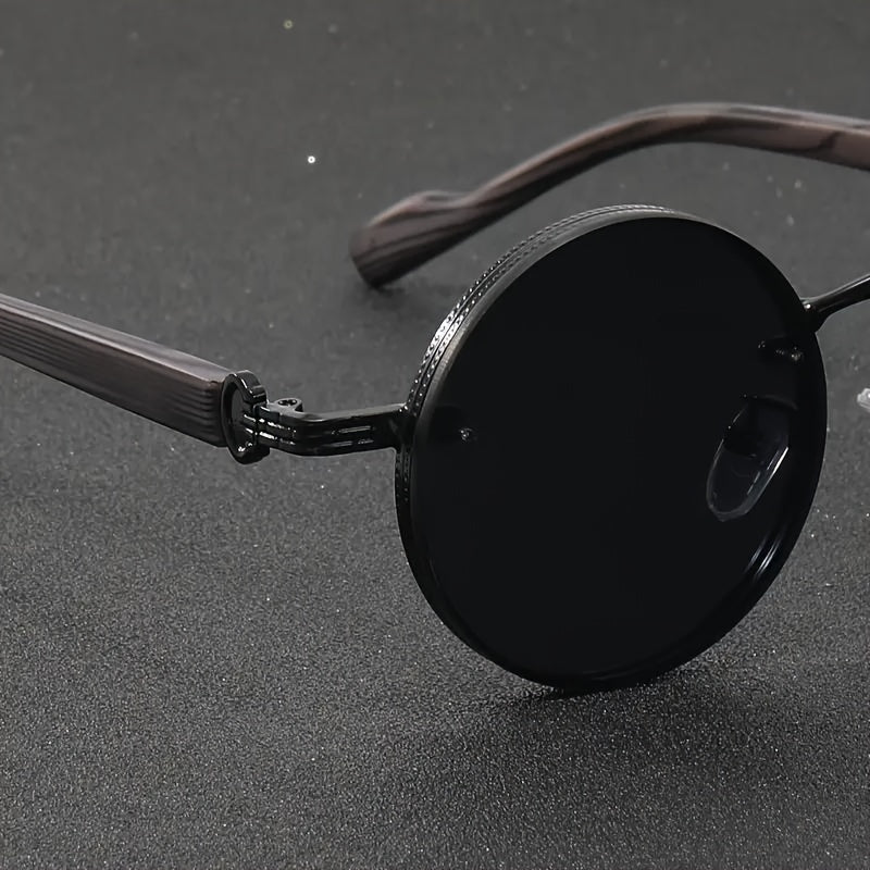 Elegant Retro Steampunk Round Metal Frame Fashion Glasses with Wood Grain Temples - Fashionable Women's Outdoor Sports Eyewear, UV Protection, Mirror Lens