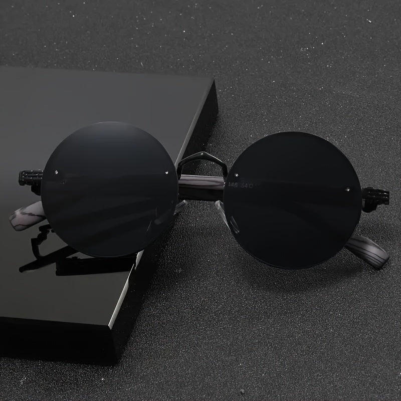 Elegant Retro Steampunk Round Metal Frame Fashion Glasses with Wood Grain Temples - Fashionable Women's Outdoor Sports Eyewear, UV Protection, Mirror Lens