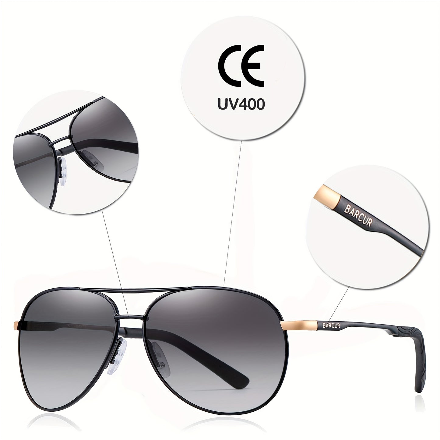 BARCUR Polarized Women Men Gradient Metal Pilot UV400 Female Gafas Oculos De Sol Masculino (With Case) with gifts box Mother's Day/give gifts