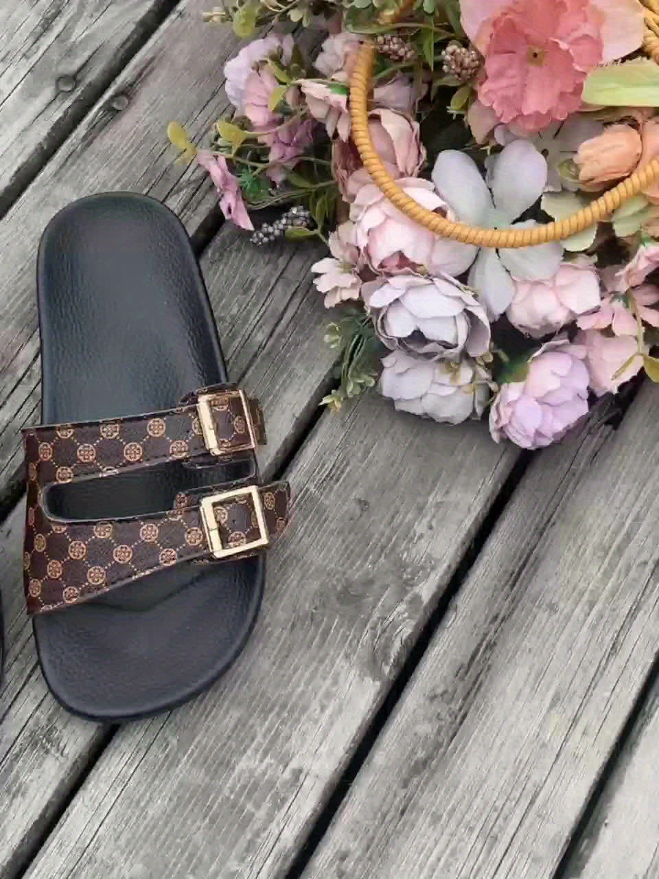 Women's Adjustable Straps Golden-Tone Buckle Black PU Cover Sandals - Breathable Indoor/Outdoor Casual Vacation Slippers with Cushioned Insole for All-Day Comfort, Sleek Sandal Design | Durable Summer Shoes, Strappy Sandals