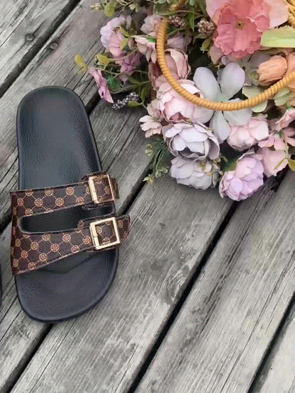 Women's Adjustable Straps Golden-Tone Buckle Black PU Cover Sandals - Breathable Indoor/Outdoor Casual Vacation Slippers with Cushioned Insole for All-Day Comfort, Sleek Sandal Design | Durable Summer Shoes, Strappy Sandals