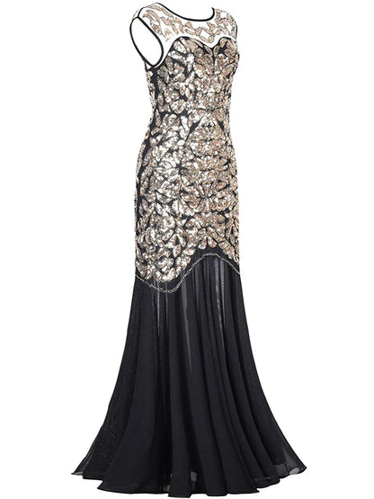 Vestidos Vintage Mujer Sequins Beading Long Evening Dresses Formal Round Neck Lace Long Sexy Women Party Special Occasion