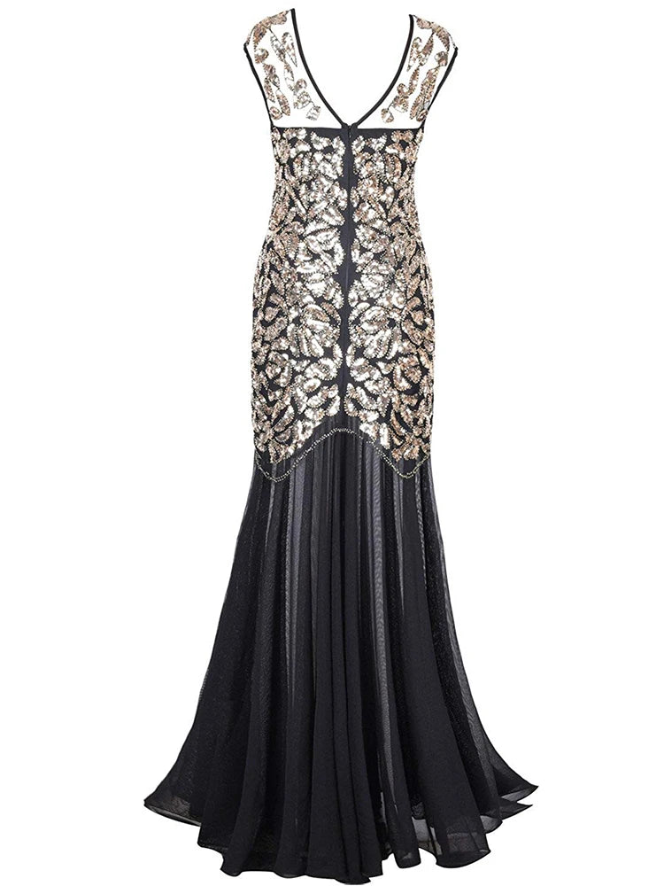 Vestidos Vintage Mujer Sequins Beading Long Evening Dresses Formal Round Neck Lace Long Sexy Women Party Special Occasion