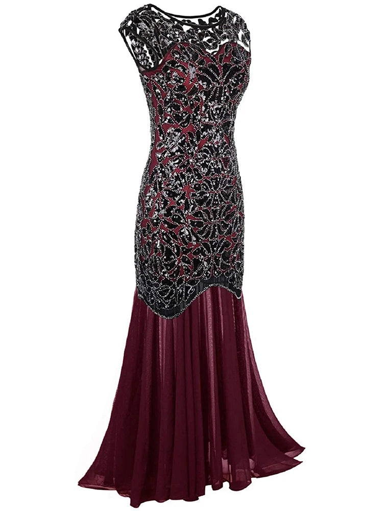 Vestidos Vintage Mujer Sequins Beading Long Evening Dresses Formal Round Neck Lace Long Sexy Women Party Special Occasion