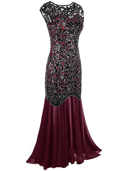 Vestidos Vintage Mujer Sequins Beading Long Evening Dresses Formal Round Neck Lace Long Sexy Women Party Special Occasion