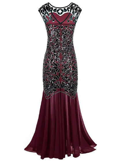 Vestidos Vintage Mujer Sequins Beading Long Evening Dresses Formal Round Neck Lace Long Sexy Women Party Special Occasion