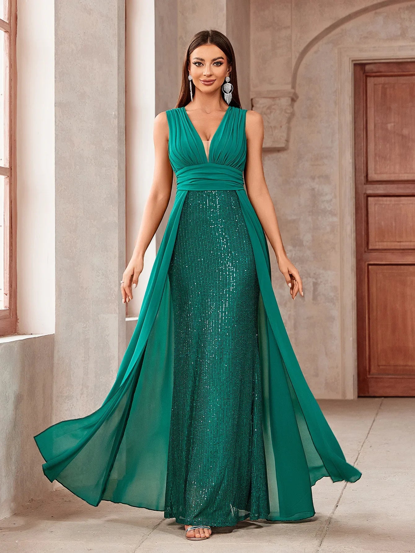 Vestidos De Fiesta High Waist Sexy V-Neck Sequin Gown Fashion Sleeveless Slim Prom Robe Banquet Cocktail Party Long Formal Dress