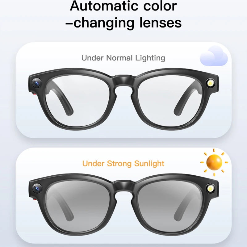 2025 4K HD Camera Smart Glasses Anti-shake Bluetooth Call Real-time Translation Automatic Color Change AI Glasses Music Control