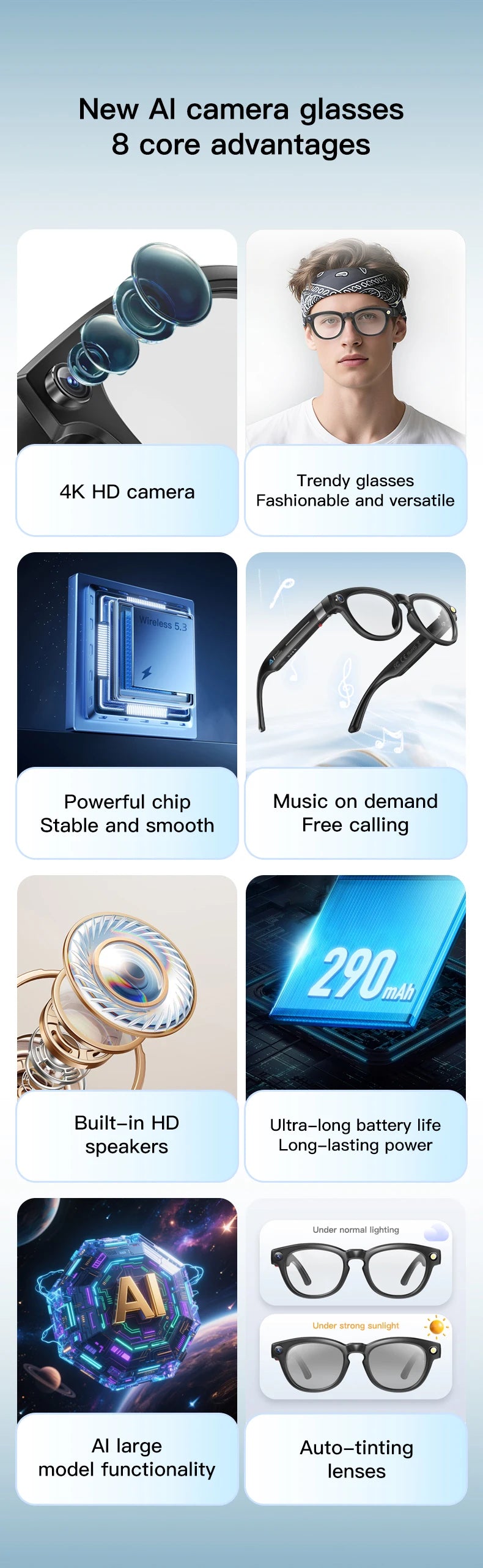 2025 4K HD Camera Smart Glasses Anti-shake Bluetooth Call Real-time Translation Automatic Color Change AI Glasses Music Control