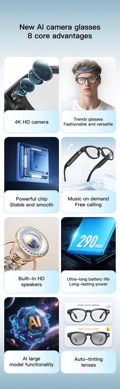 2025 4K HD Camera Smart Glasses Anti-shake Bluetooth Call Real-time Translation Automatic Color Change AI Glasses Music Control