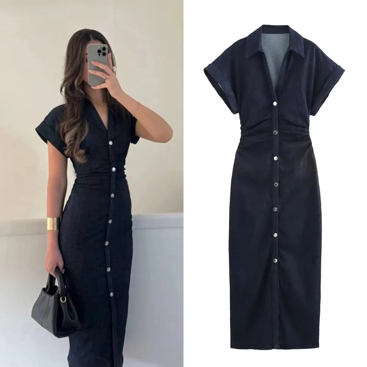 Vestido jeans feminino primavera verão casual vestidos longos para mulheres 2025 nova moda ruched manga curta streetwear midi ve
