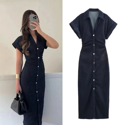 Vestido jeans feminino primavera verão casual vestidos longos para mulheres 2025 nova moda ruched manga curta streetwear midi ve