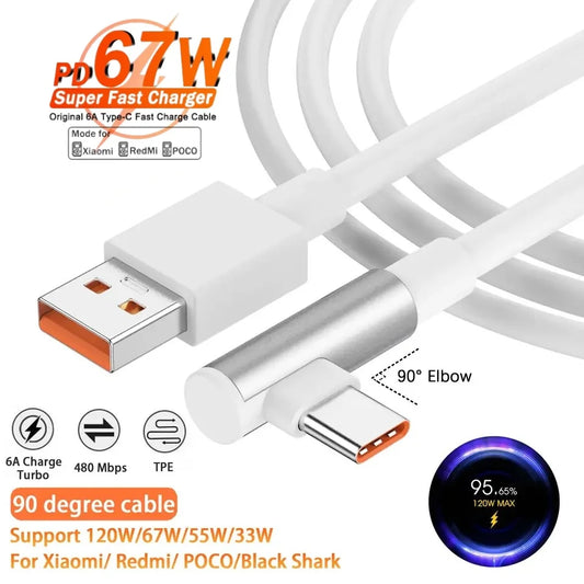 67W Xiaomi 6A USB Type C Turbo Charge Cable For Mi 14 13 12 Pro Poco F4 GT Redmi Note 13 12 K60 90 Degree Tipo C Cabo