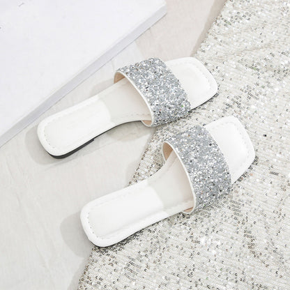 Sandals For Women Rhinestone Slide Slide Glitter Bling Casual Sandal Flat Open Toe Sparkle Slides